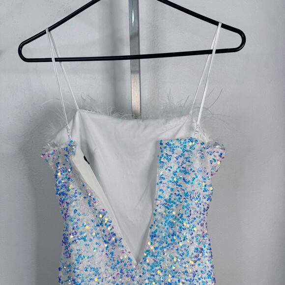 Sequin Feather Trim Mini Dress Iridescent Sparkle Size 0 Party Halloween - Picture 4 of 8